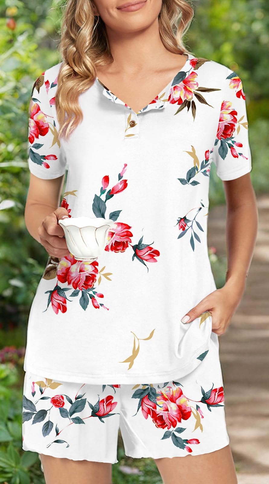 syoss Women's Pajama Sets Short Sleeve Sleepwear Soft Comfy Pj Lounge Sets - Image 6