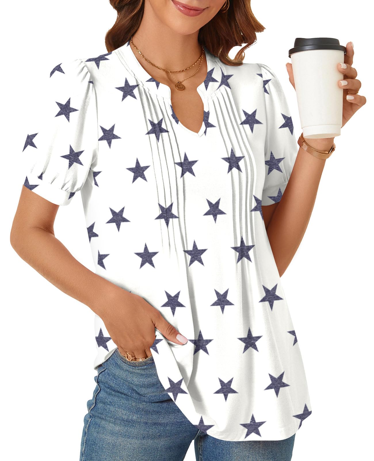 syoss Women's Summer Tops 2026 Puff Short Sleeve Dressy Casual ladies Blouses Elbow Length Sleeve - Image 3