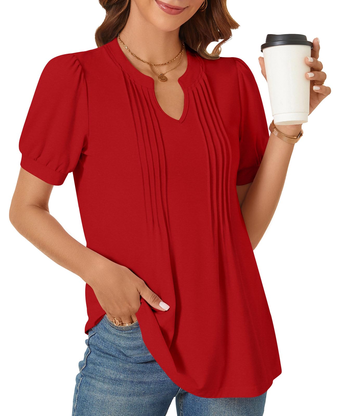 syoss Women's Summer Tops 2026 Puff Short Sleeve Dressy Casual ladies Blouses Elbow Length Sleeve - Image 3