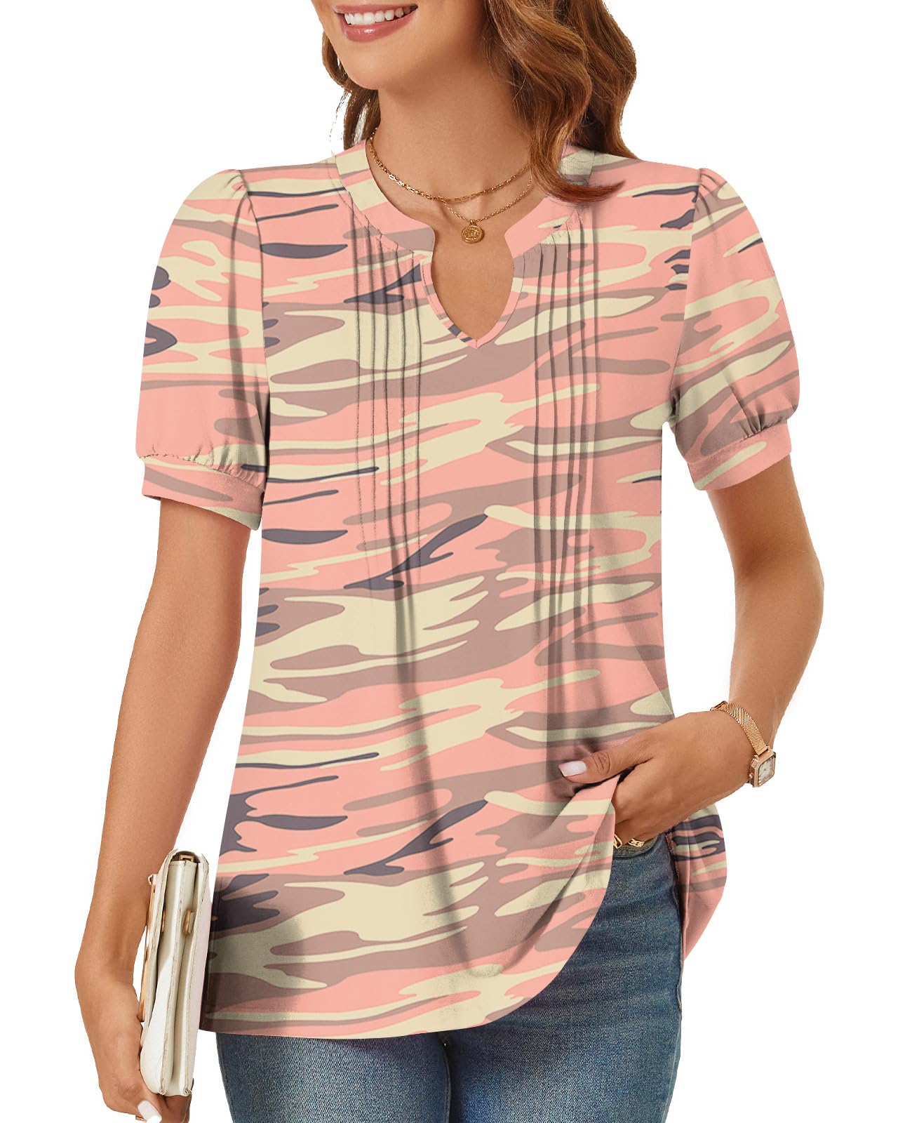 V-Neck Puff Sleeve Pleated Tops