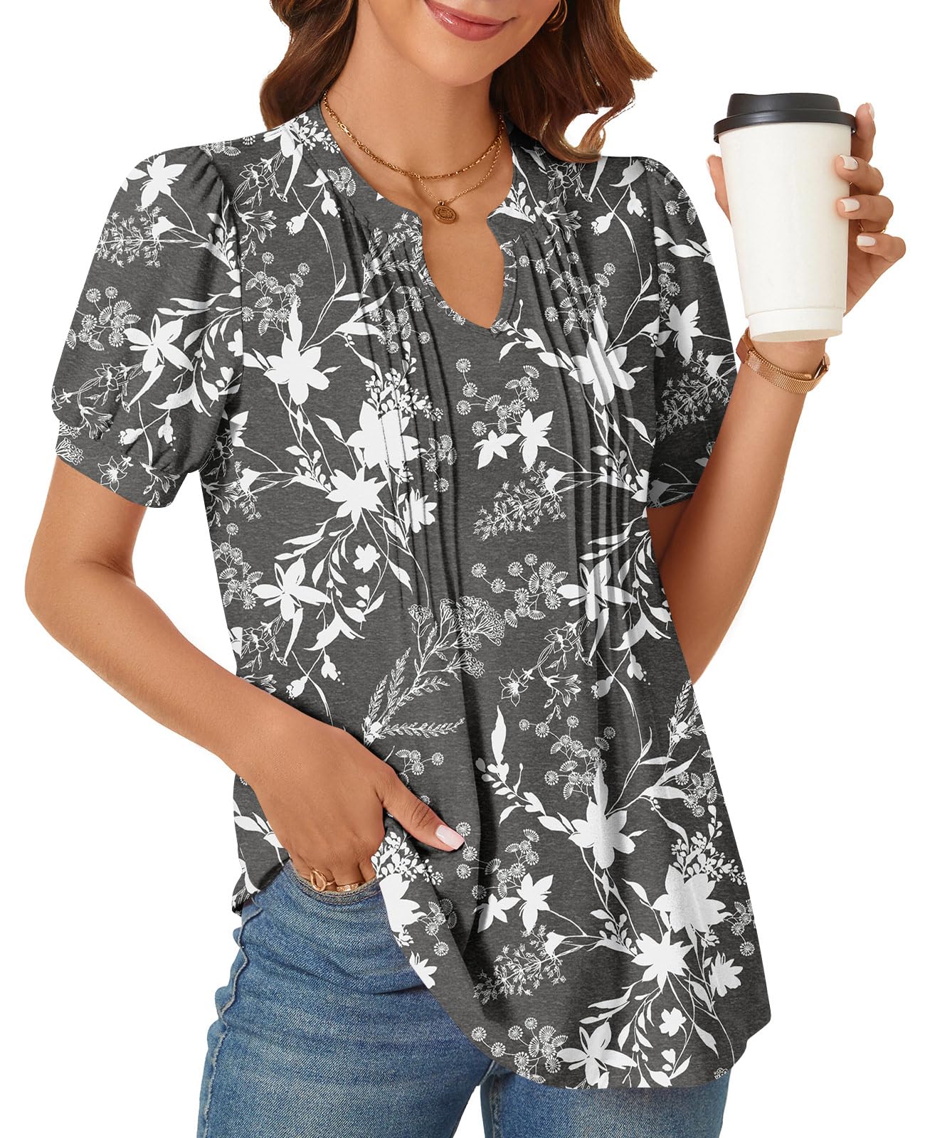 syoss Women's Summer Tops 2026 Puff Short Sleeve Dressy Casual ladies Blouses Elbow Length Sleeve - Image 3