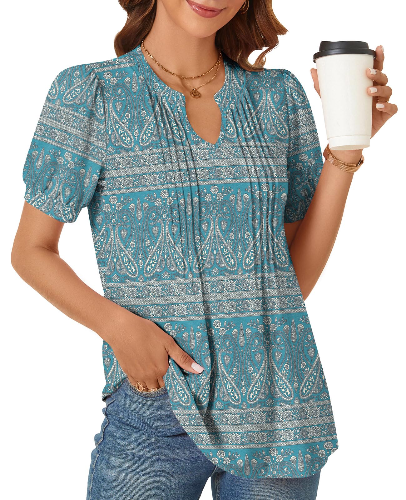 syoss Women's Summer Tops 2026 Puff Short Sleeve Dressy Casual ladies Blouses Elbow Length Sleeve - Image 3