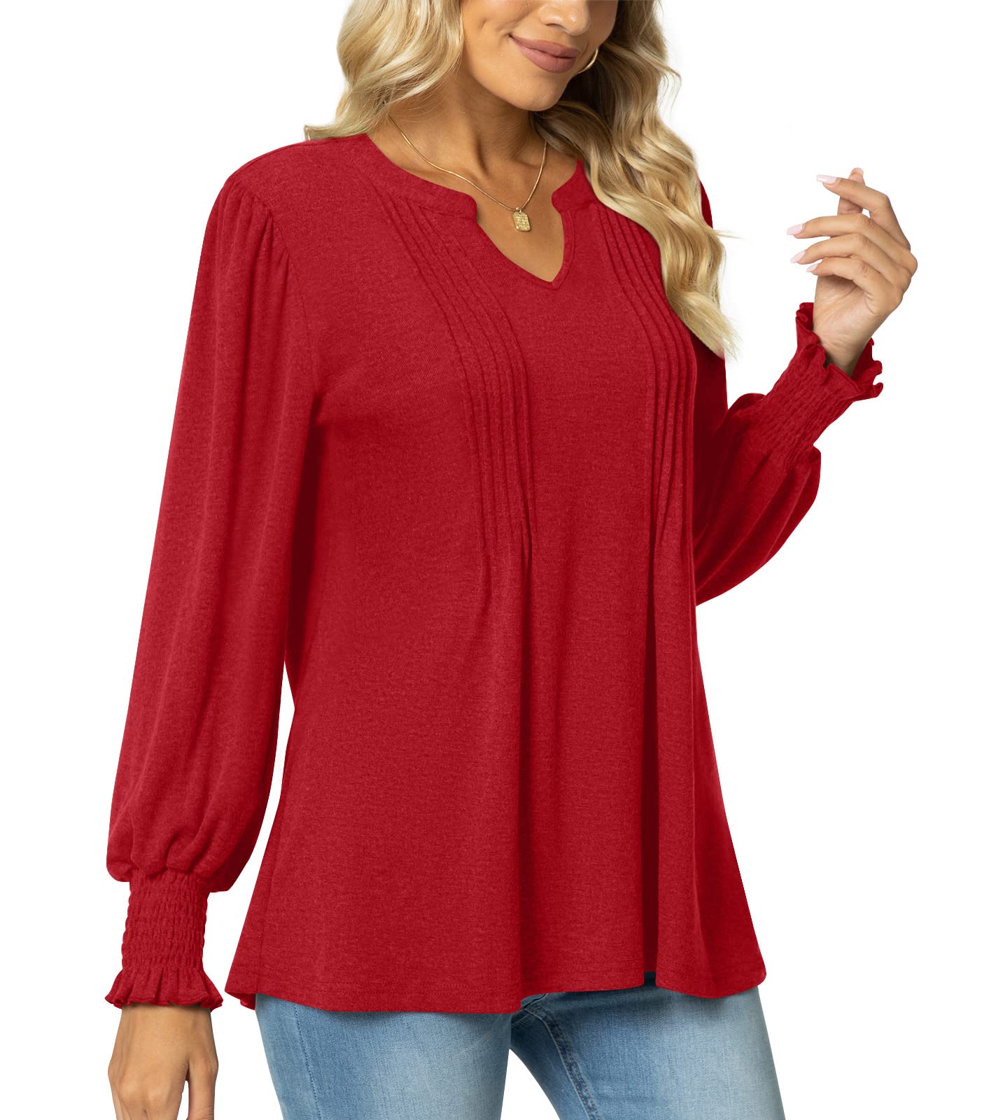syoss Women's V-Neck Puff Long Sleeve Pleated T-Shirts Fashion Fall Tops Casual Tunic Blouses with Smocked Cuffs - Image 3
