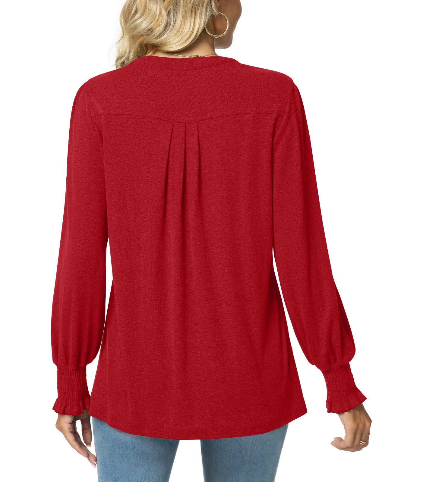 syoss Women's V-Neck Puff Long Sleeve Pleated T-Shirts Fashion Fall Tops Casual Tunic Blouses with Smocked Cuffs - Image 4