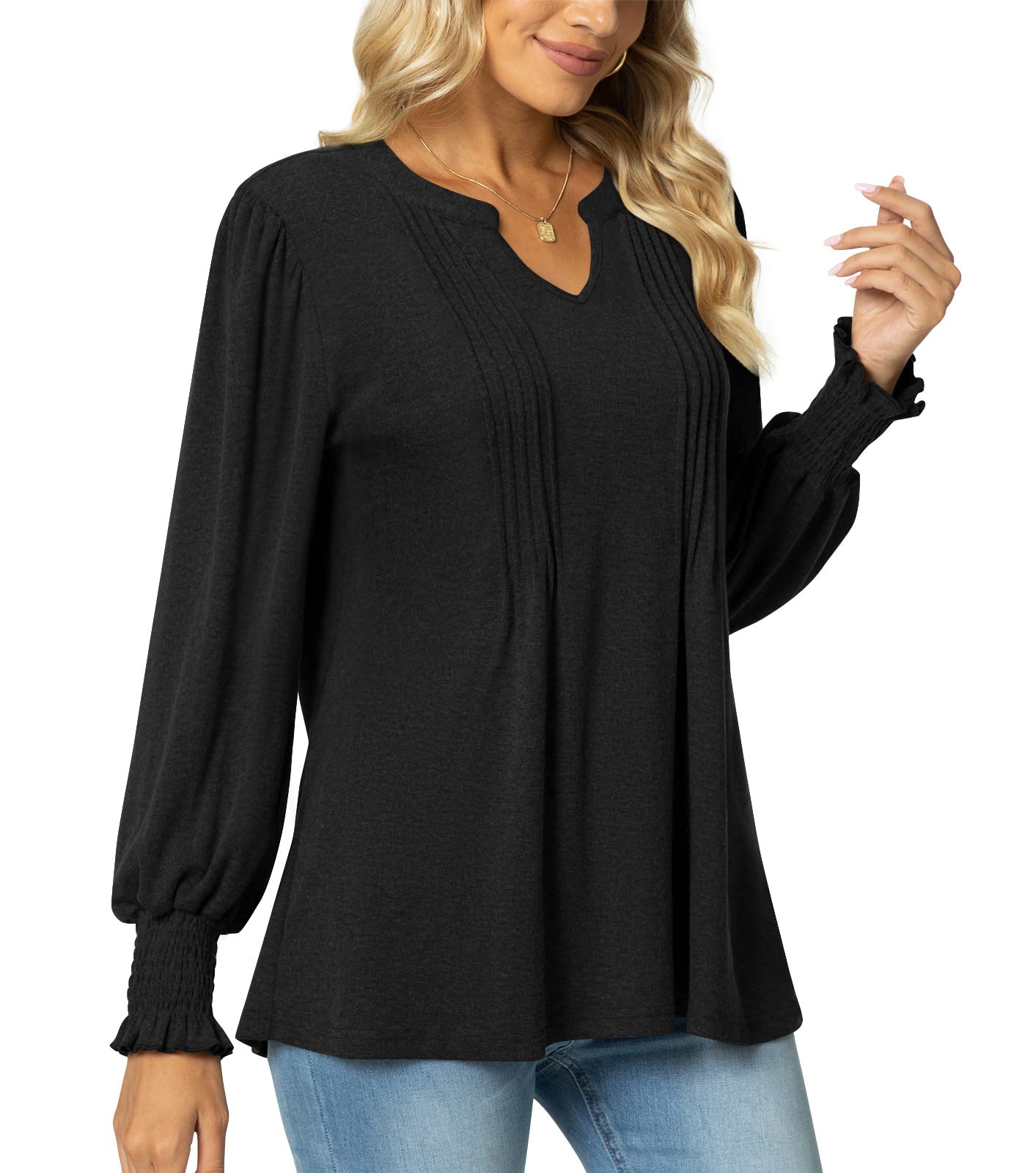 syoss Women's V-Neck Puff Long Sleeve Pleated T-Shirts Fashion Fall Tops Casual Tunic Blouses with Smocked Cuffs - Image 3