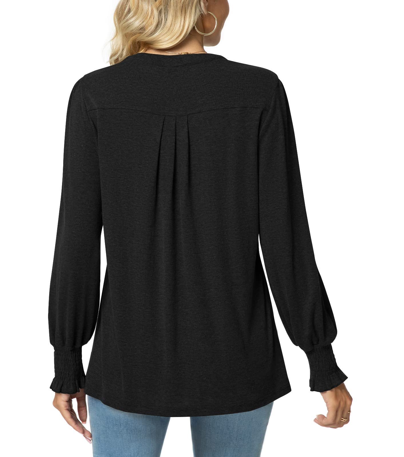 syoss Women's V-Neck Puff Long Sleeve Pleated T-Shirts Fashion Fall Tops Casual Tunic Blouses with Smocked Cuffs - Image 4