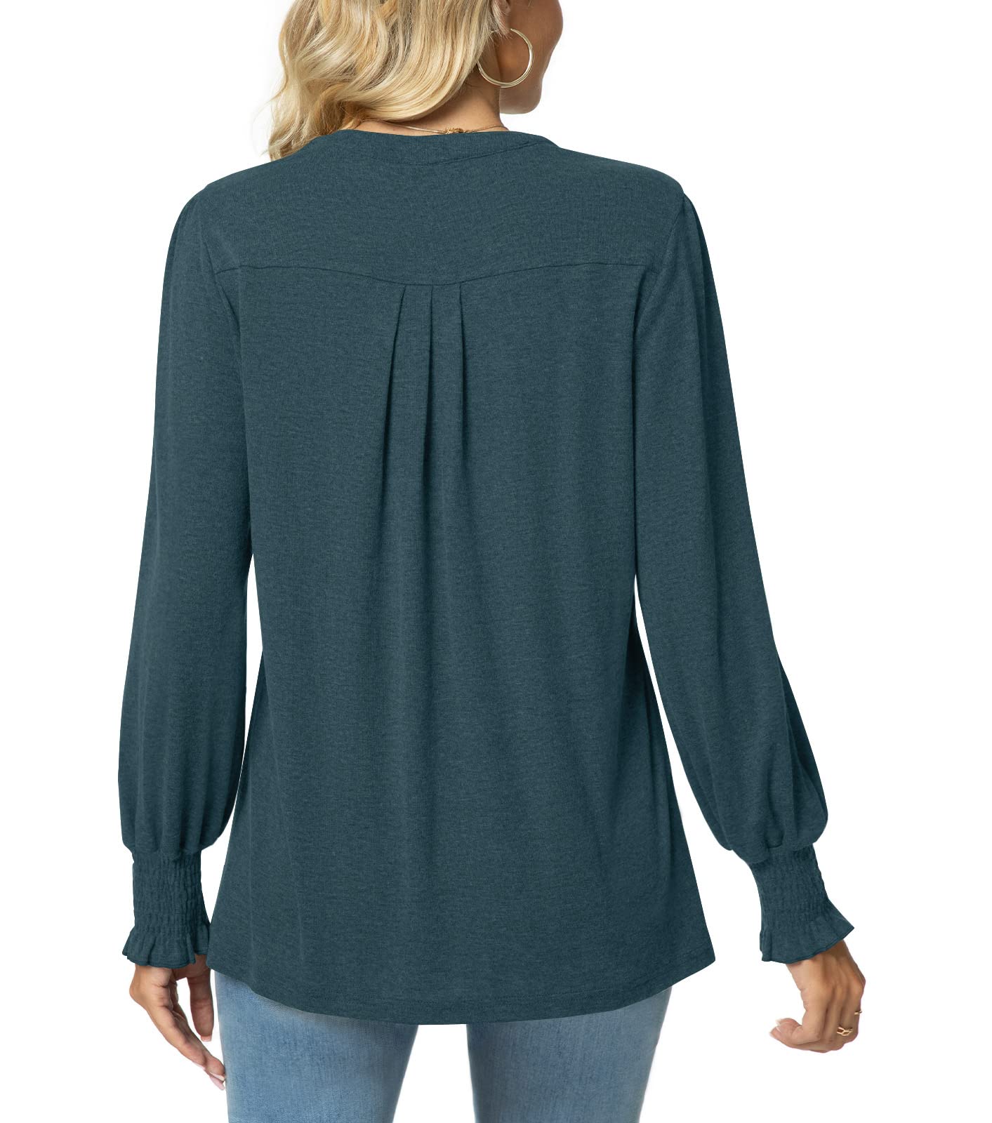 syoss Women's V-Neck Puff Long Sleeve Pleated T-Shirts Fashion Fall Tops Casual Tunic Blouses with Smocked Cuffs - Image 4