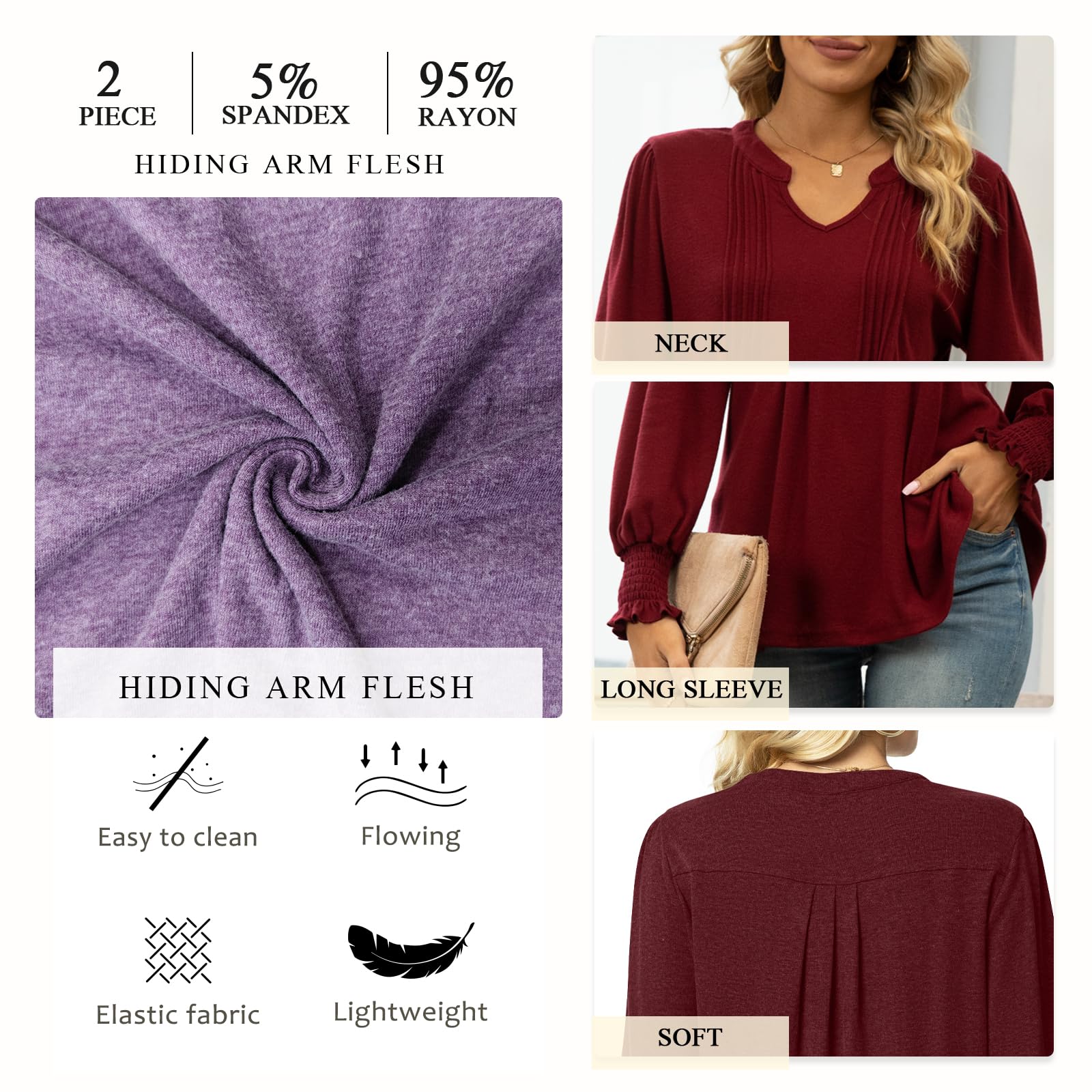 syoss Women's V-Neck Puff Long Sleeve Pleated T-Shirts Fashion Fall Tops Casual Tunic Blouses with Smocked Cuffs - Image 5