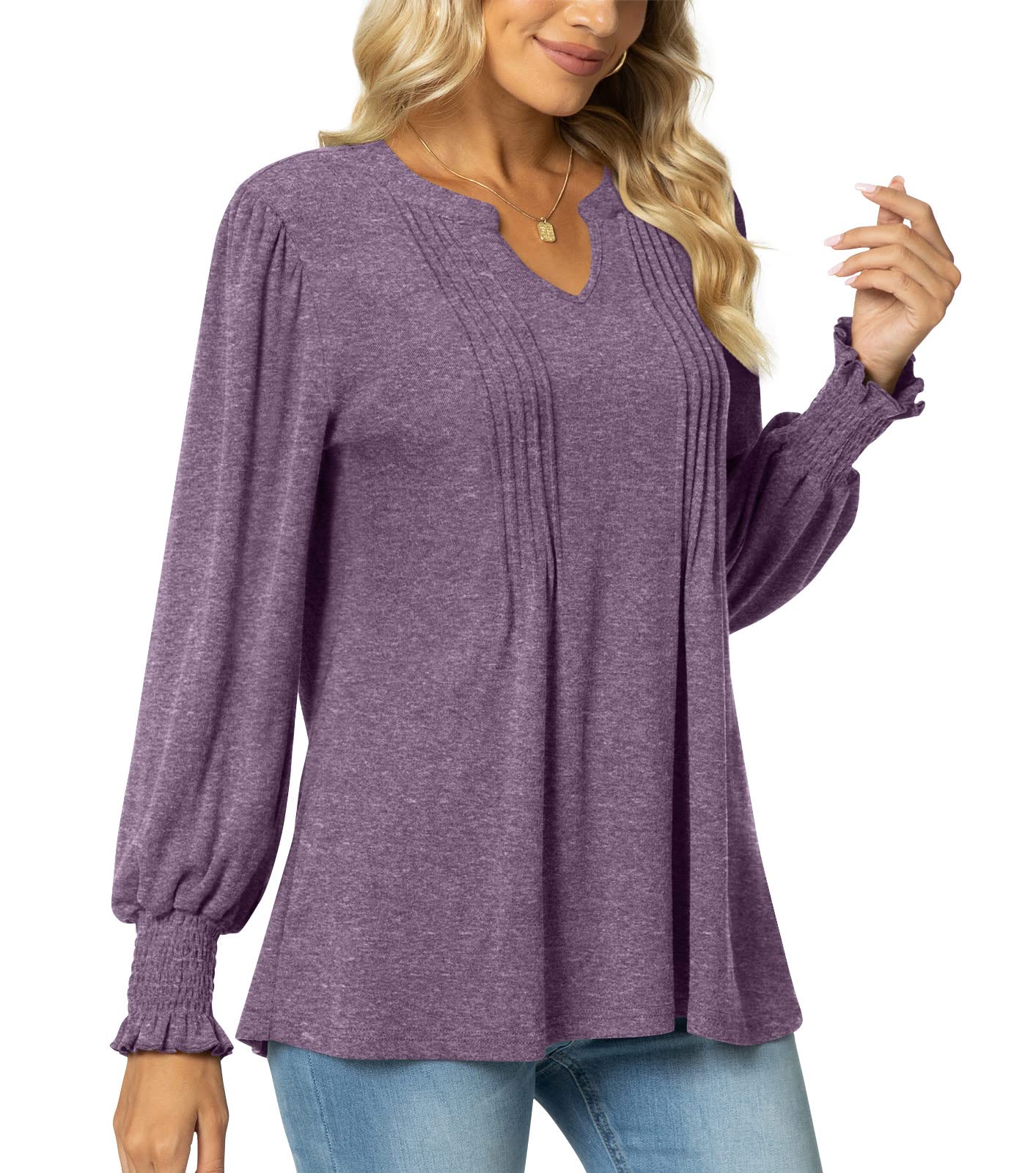syoss Women's V-Neck Puff Long Sleeve Pleated T-Shirts Fashion Fall Tops Casual Tunic Blouses with Smocked Cuffs - Image 3