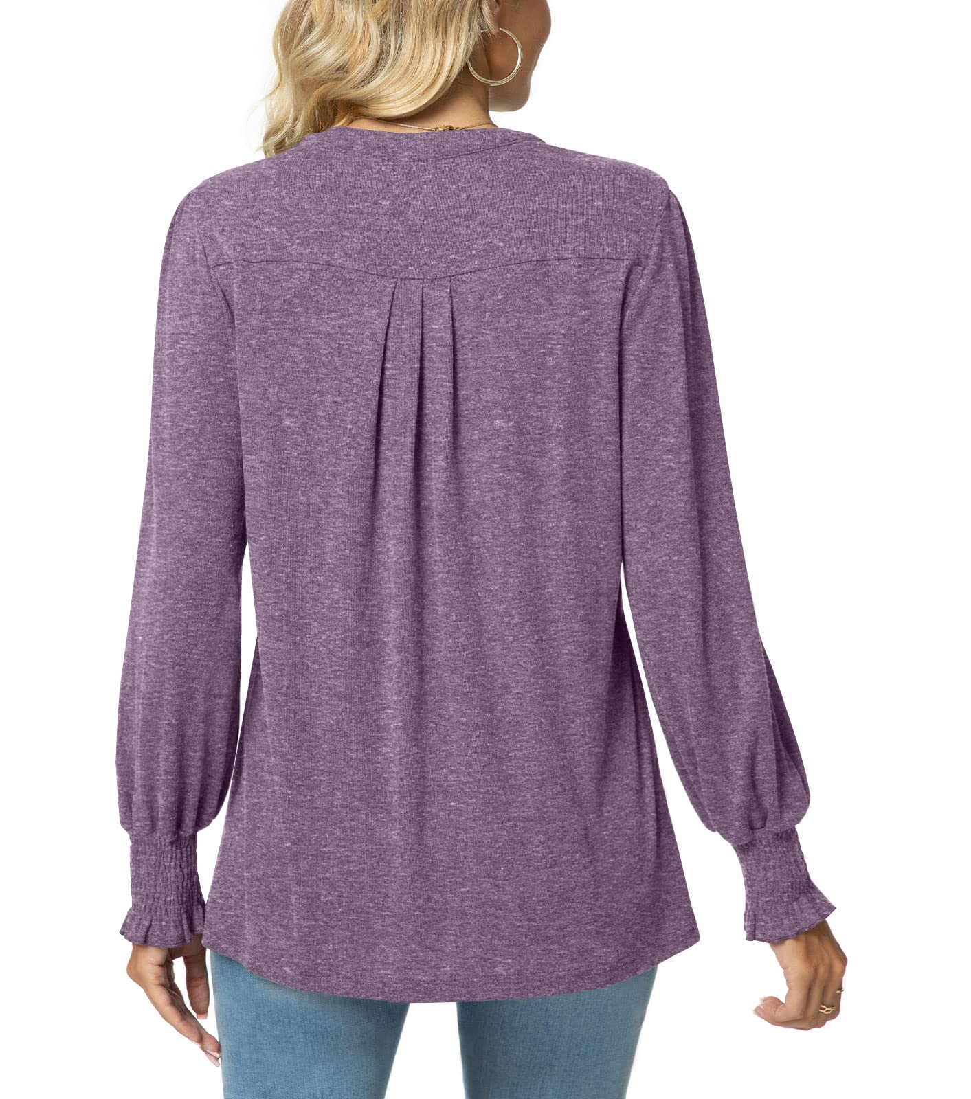 syoss Women's V-Neck Puff Long Sleeve Pleated T-Shirts Fashion Fall Tops Casual Tunic Blouses with Smocked Cuffs - Image 4